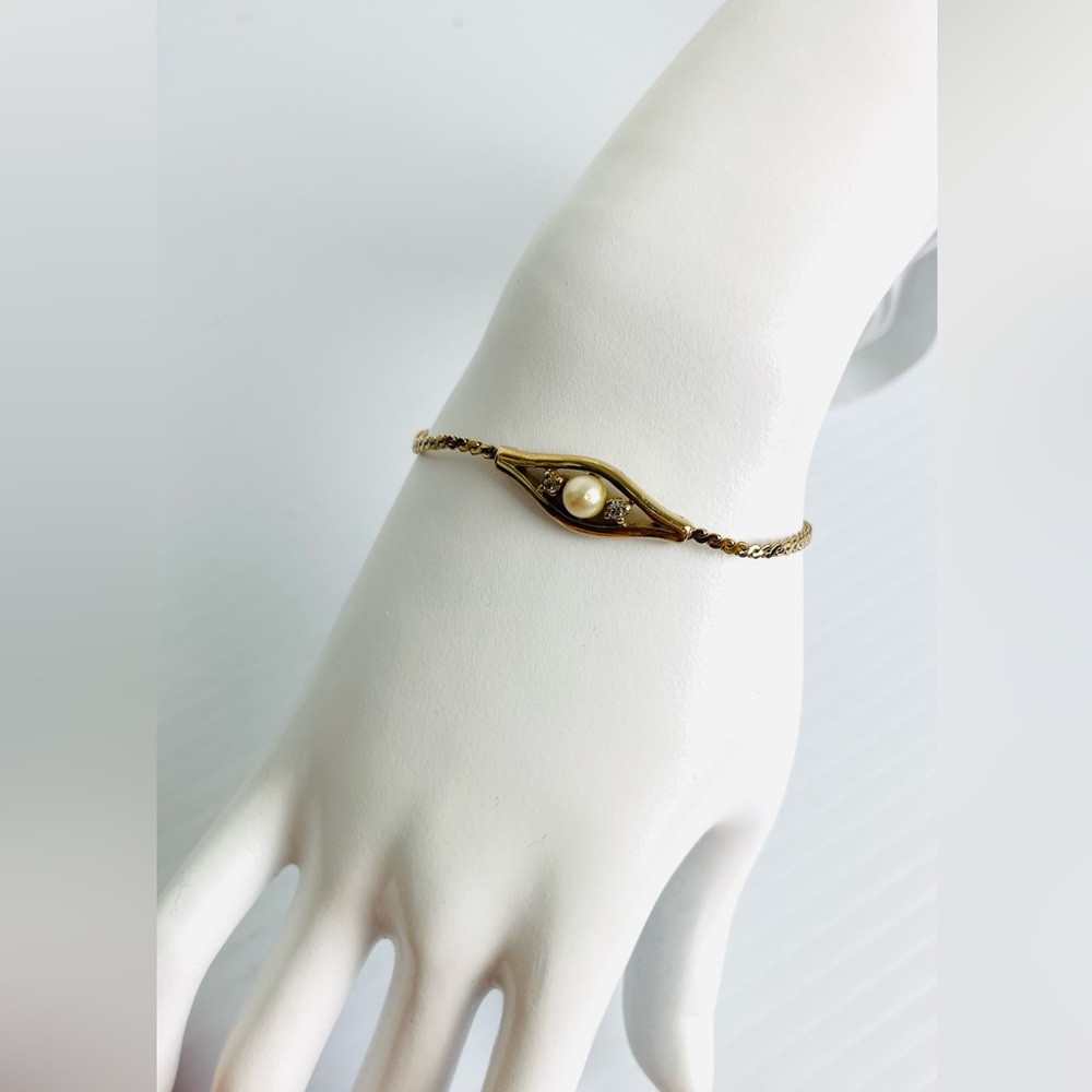 Vintage Panetta Italy Signed Gold Tone Crystal And Faux Pearl Bracelet 6.5”L